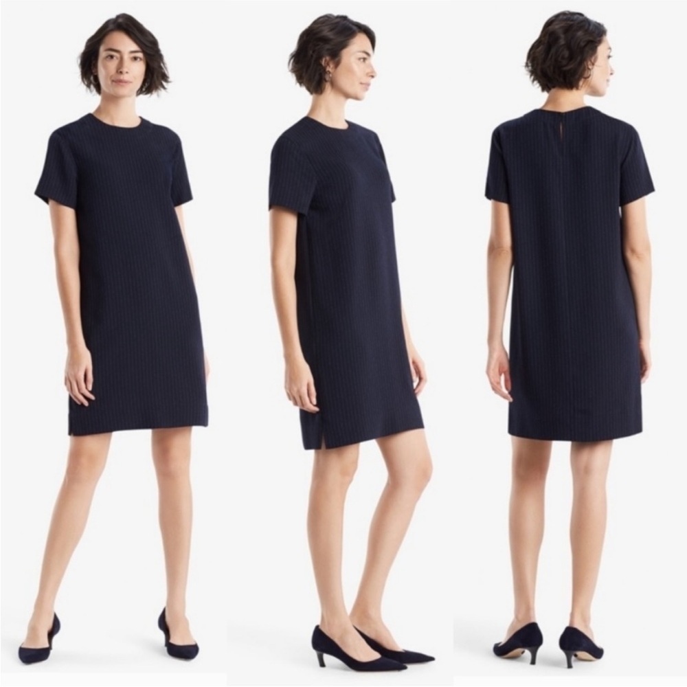 MM LAFLEUR Lucille Navy Blue Pin Striped Short Sleeve Shift Dress Size Medium